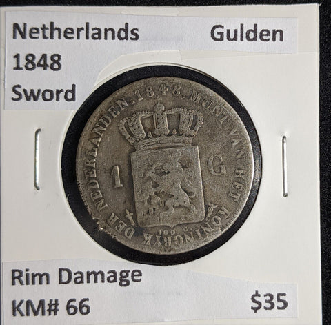 Netherlands 1848 Sword Gulden KM# 66 Rim Damage #130 #26C