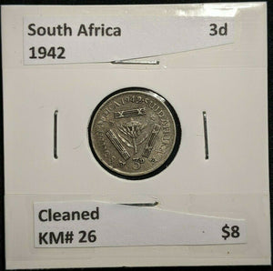 South Africa 1942 Threepence 3d KM# 26 Cleaned         #452  #11B