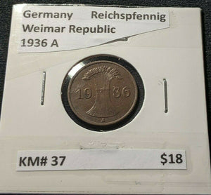 Germany Weimar Republic 1936 A Reichspfennig KM# 37  #864