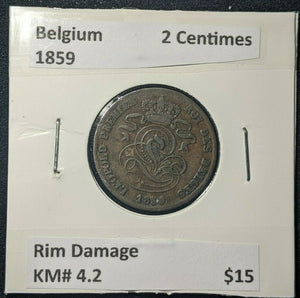 Belgium 1859 2 Centimes KM# 4.2 Rim Damage    #383