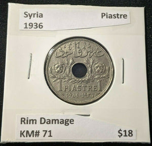 Syria 1936 Piastre KM# 71 Rim Damage #215