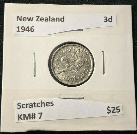 New Zealand 1946 Threepence 3d KM# 7 Scratches #0521