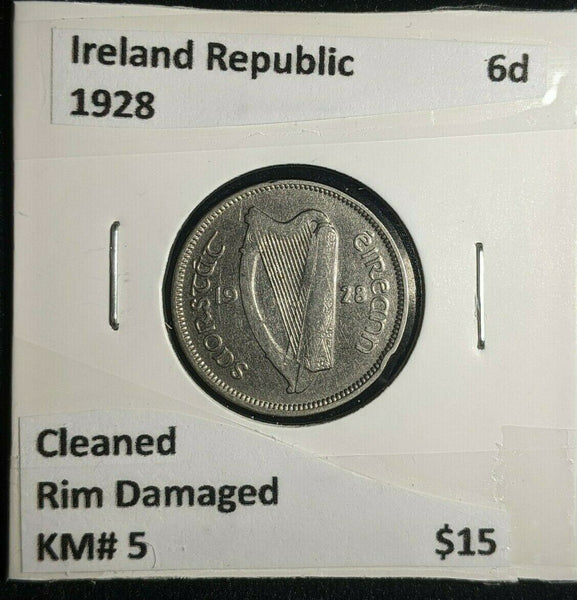 Ireland Republic 1928 6d Sixpence KM# 5 Cleaned Rim Damaged #476