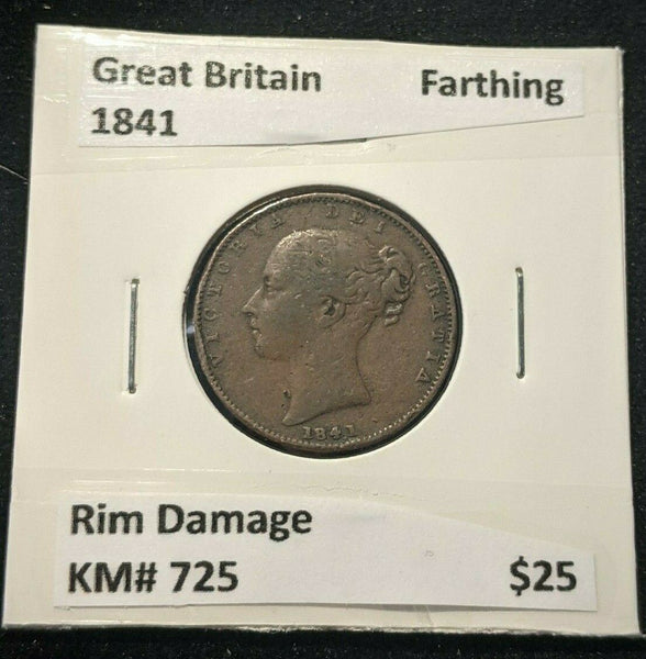Great Britain 1841 Farthing 1/4d KM# 725 Rim Damage #1802