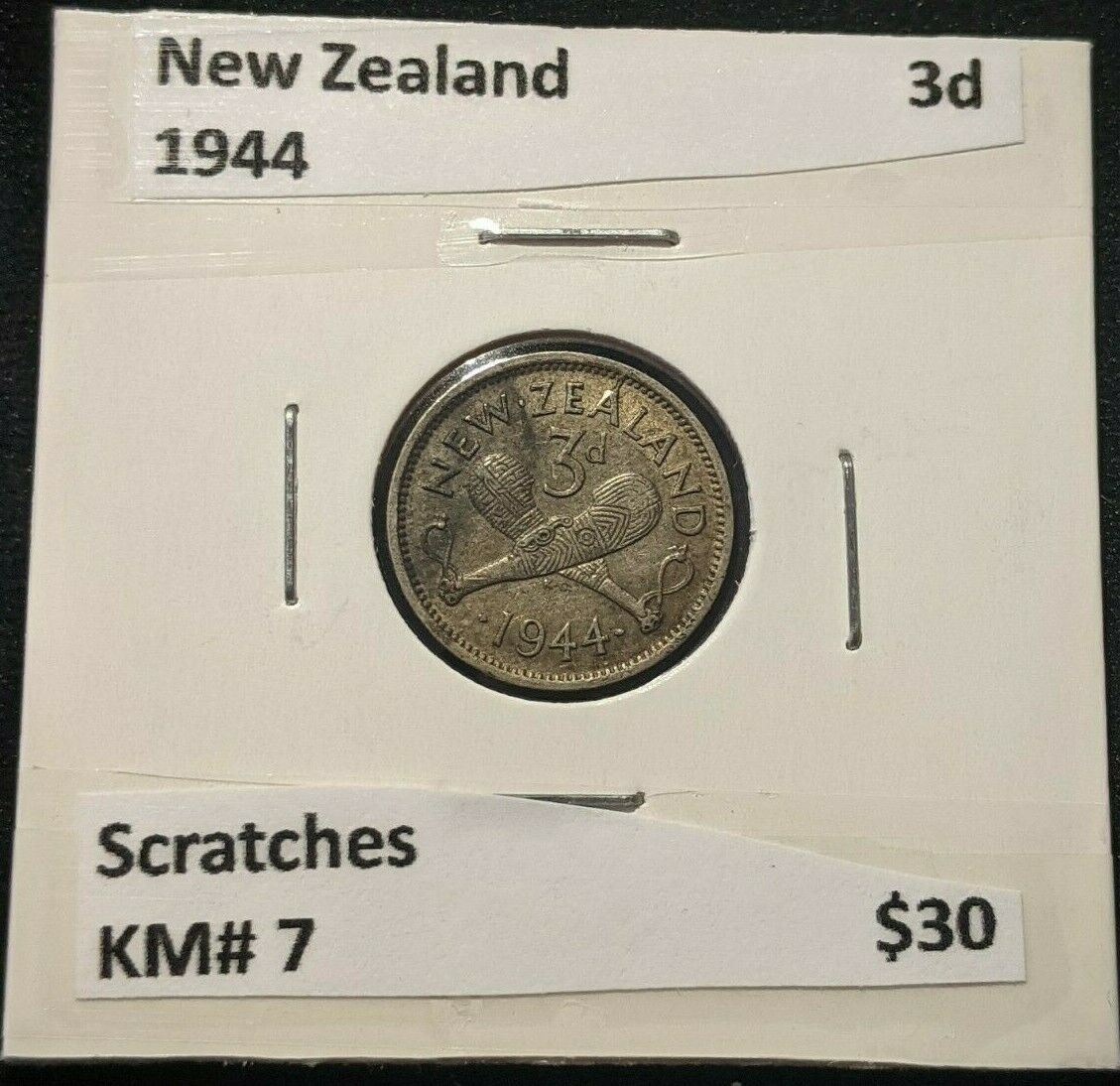 New Zealand 1944 3d Threepence KM# 7 Scratches #062