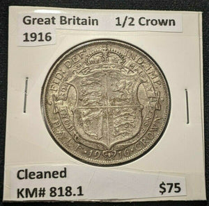 Great Britain 1916 1/2 Crown KM# 818.1 Cleaned #193