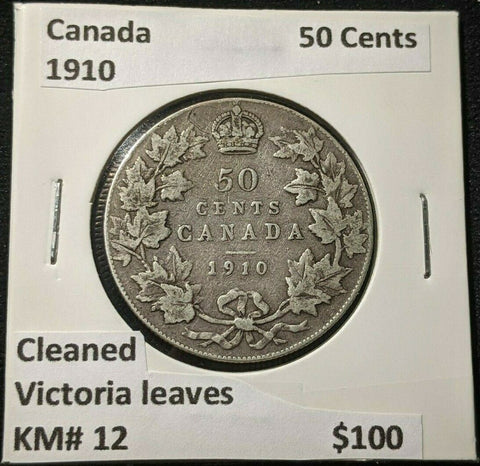 Canada 1910 50 Cents KM# 12 Victoria leaves Cleaned #1099