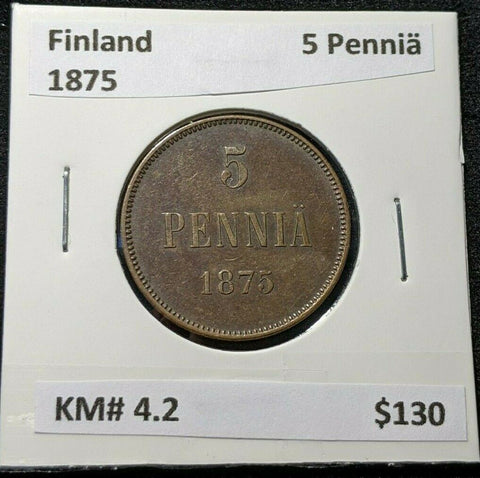 Finland 1875 5 PenniÃ¤ KM# 4.2 #148