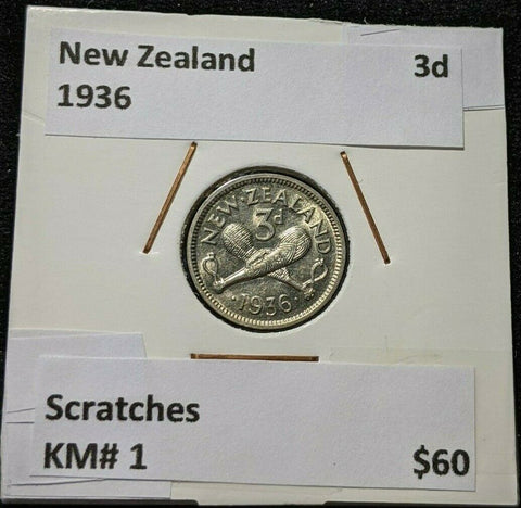 New Zealand 1936 3 Pence Threepence 3d KM# 1 Scratches #121