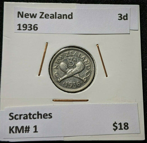 New Zealand 1936 3 Pence Threepence 3d KM# 1 Scratches #114