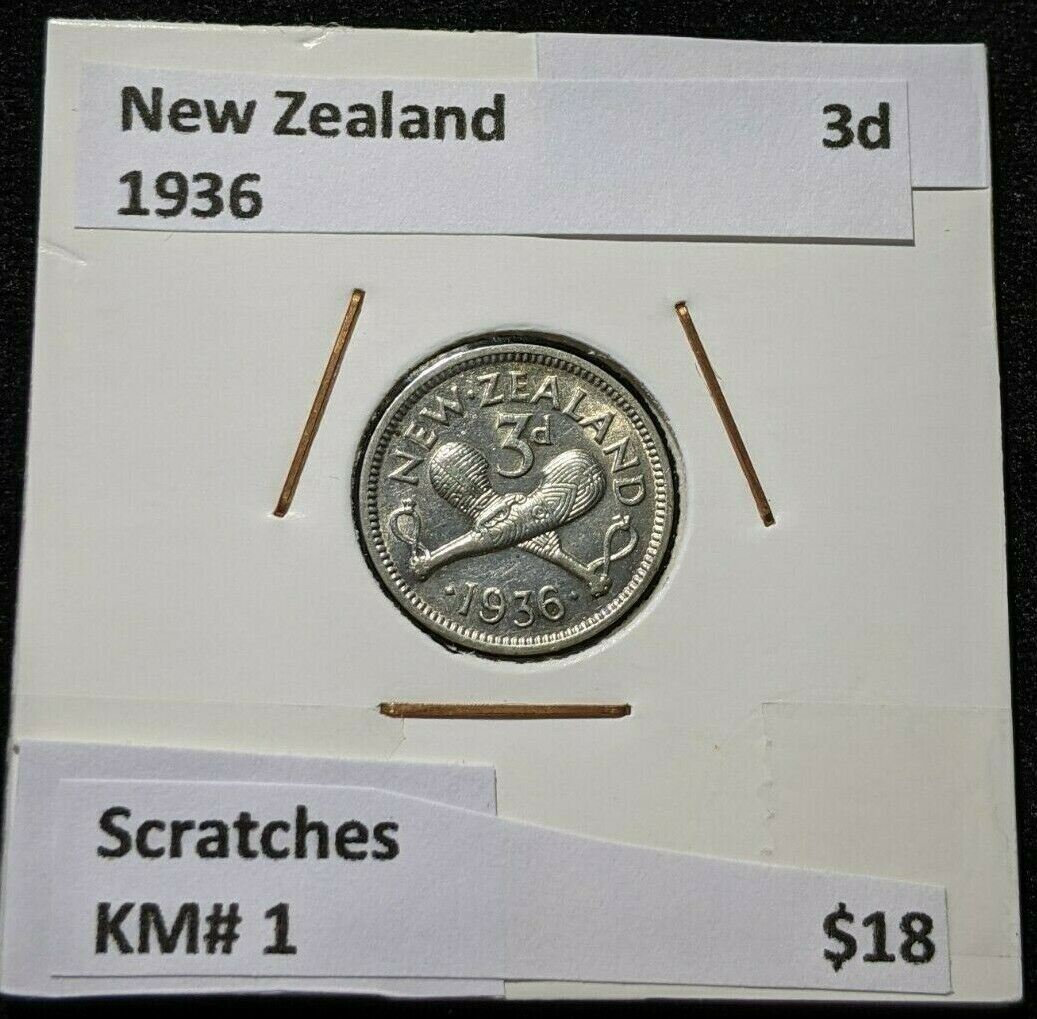 New Zealand 1936 3 Pence Threepence 3d KM# 1 Scratches #125