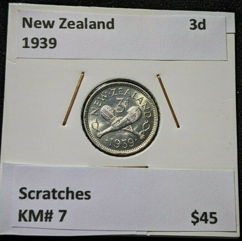 New Zealand 1939 3 Pence Threepence 3d KM# 7 Scratches #119