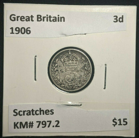 Great Britain 1906 3d Threepence KM# 797.2 Scratches #004  #16B