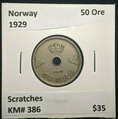 Norway 1929 50 Ore KM# 386 Scratches #1637