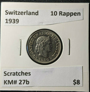 Switzerland 1939 10 Rappen KM# 27b Scratches #1956  #12B