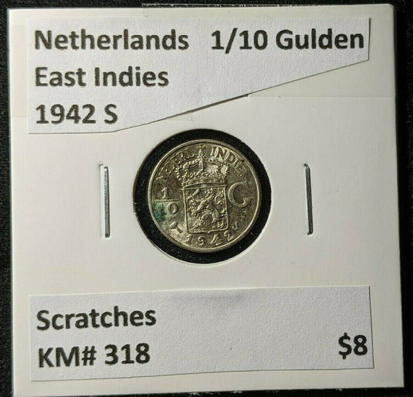 Netherlands East Indies 1942 S 1/10 GuldenKM# 318 Scratches #1304
