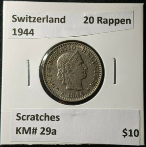 Switzerland 1944 20 Rappen KM# 29a Scratches #1346  #12B