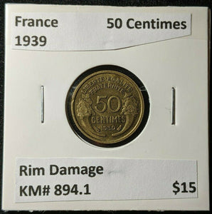 France 1939 50 Centimes KM# 894.1 Rim Damage #1317