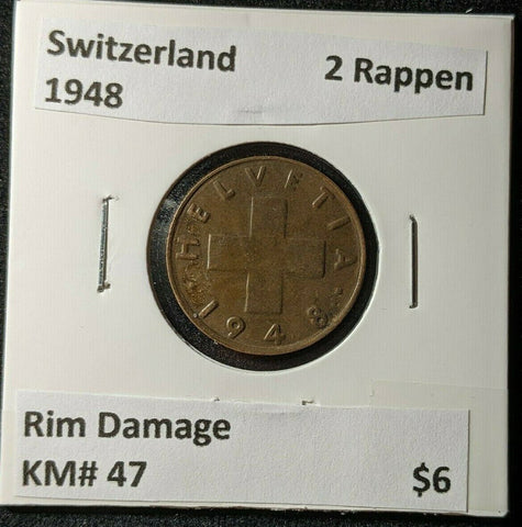 Switzerland 1948 2 Rappen KM# 47 Rim Damage #1340    #12A