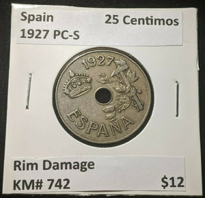 Spain 1927 PC-S 25 Centimos KM# 742 Rim Damage #248  #23B