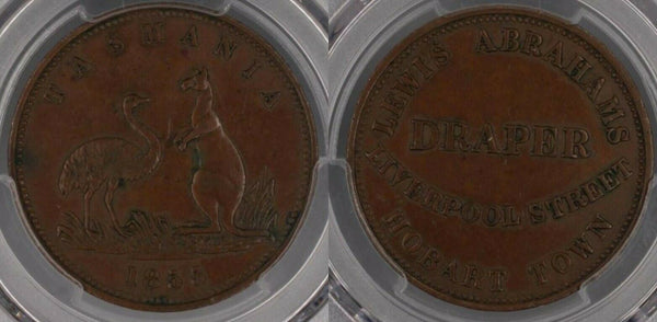 1855 Australia Penny PCGS AU50 KM# Tn7 Lewis Abrahams Draper Liverpool st Hobart