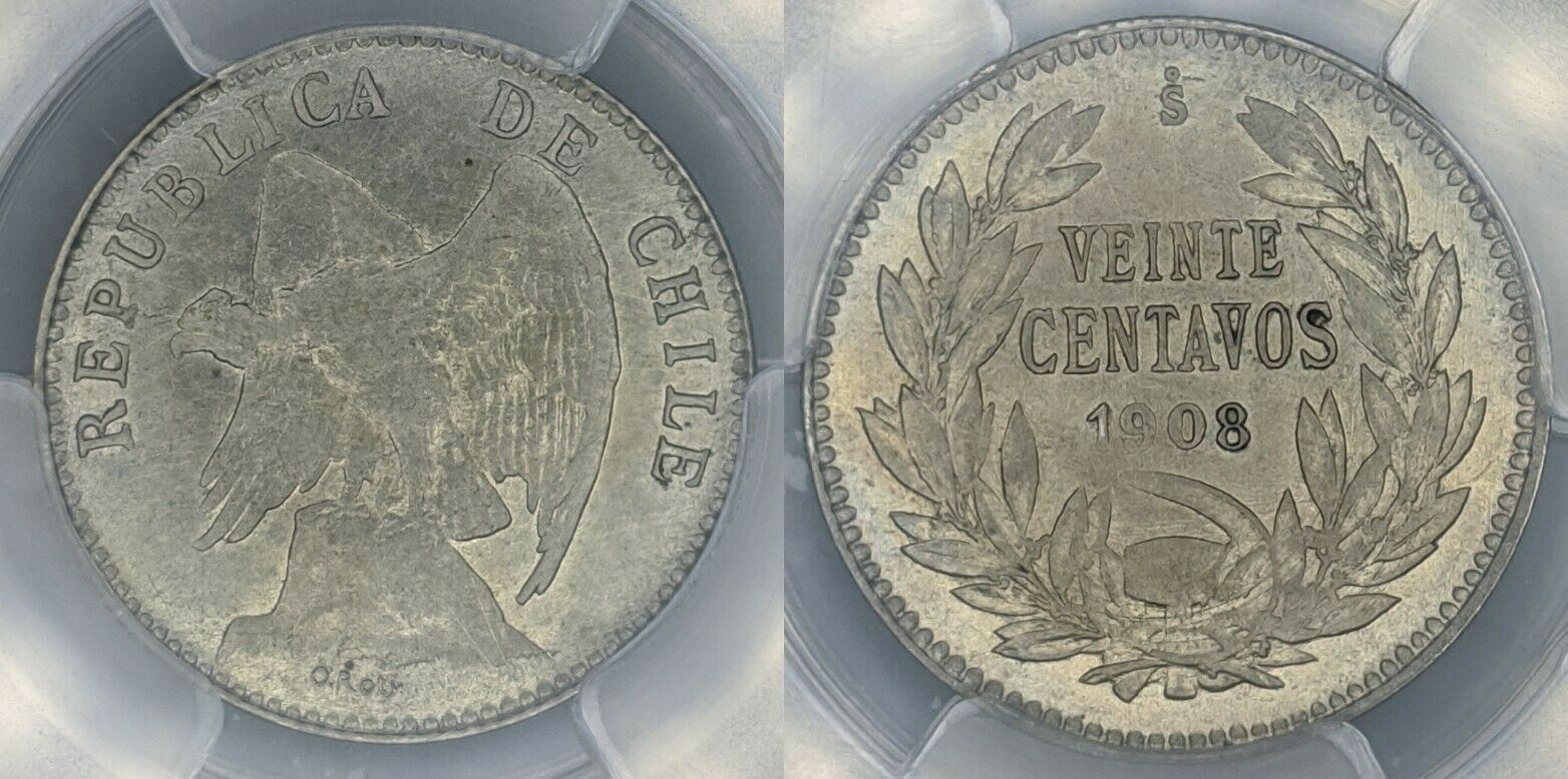 Chile 1908-So 20c Twenty Cent PCGS AU58 aUNC   #868