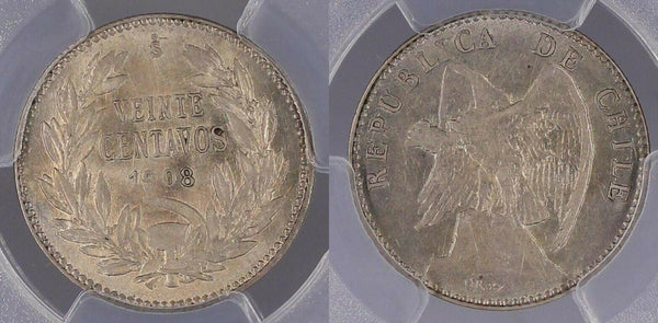 Chile 1908-So 20c Twenty Cent PCGS AU58 aUNC   #868