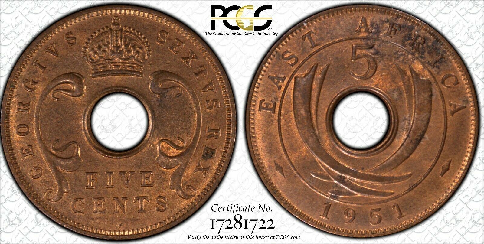 East Africa 1951 Five Cent 5c PCGS MS63RD Choice Unc KM #33   #871