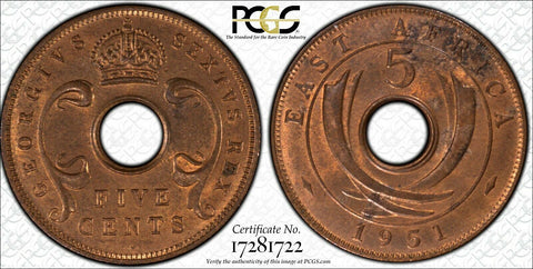 East Africa 1951 Five Cent 5c PCGS MS63RD Choice Unc KM #33   #871