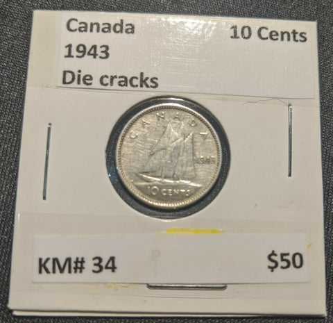Canada 1943 10 Cent Die Crack KM# 34  9B