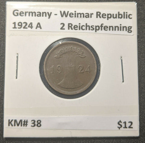 Germany - Weimar Republic 1924 A 2 Reichspfenning KM#38  7C