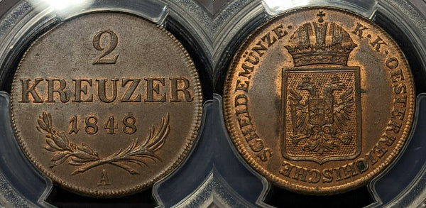 Austria 1848-A Two Kreuzer  2 Kr PCGS MS63BN Choice UNC KM# 2188  #1102