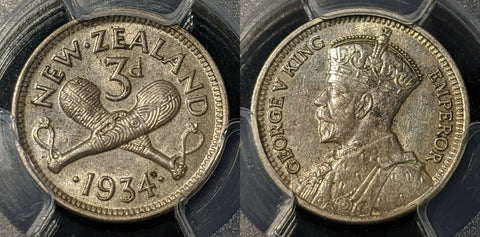 New Zealand 1934 Threepence 3d PCGS AU55 aUNC #1185