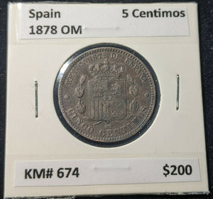 Spain 1878 OM 5 Centimos KM# 674 #18B