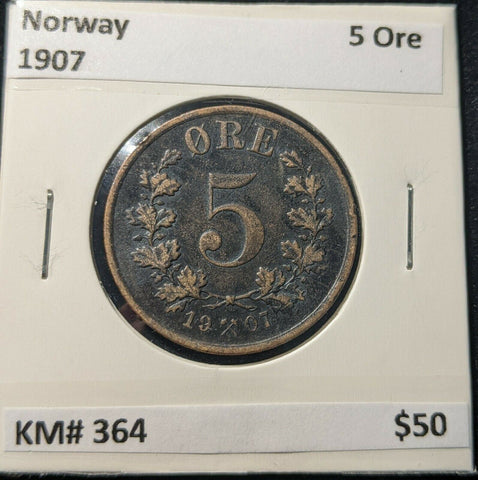 Norway 1907 5 Ore KM# 364