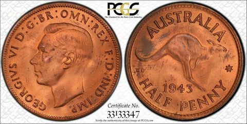 1943 M Austraila Half Penny 1/2d PCGS MS64+ RD GEM UNC #1349