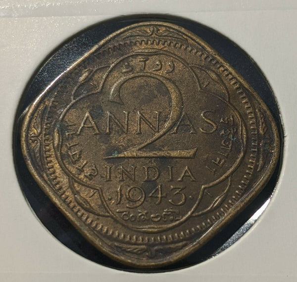 India 1943 B 2 Anna KM# 541a