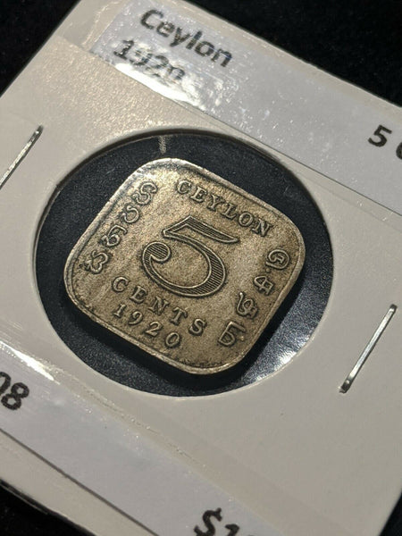 Ceylon 1920 Five Cent 5C KM# 108