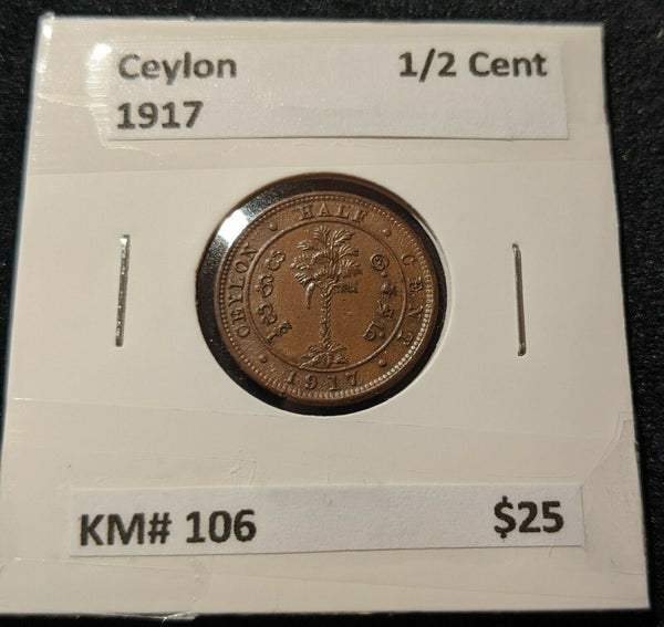 Ceylon 1917 1/2 Cent KM# 106
