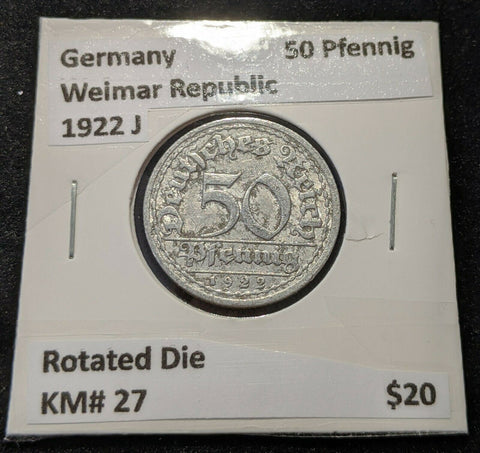 Germany Weimar Republic 1922 J 50 Pfennig KM# 27 Rotated Die #500  8B