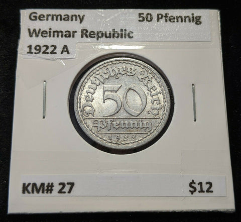 Germany Weimar Republic 1922 A 50 Pfennig KM# 27 #531  8B
