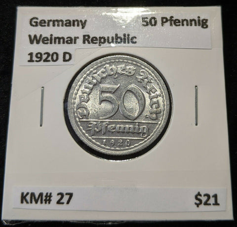 Germany Weimar Republic 1920 D 50 Pfennig KM# 27 #597   8B