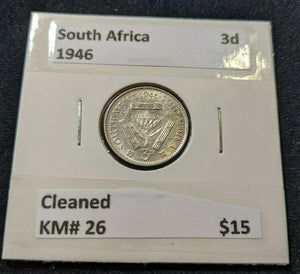 South Africa 1946 3d Threepence KM# 26 Cleaned #019  #11A