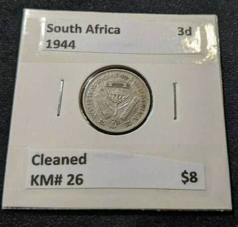 South Africa 1944 3d Threepence KM# 26 Cleaned  #010 #11A