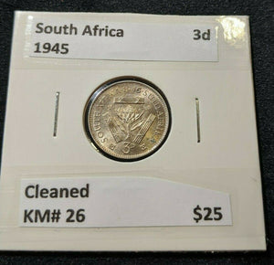 South Africa 1945 3d Threepence KM# 26 Cleaned #015  #11A