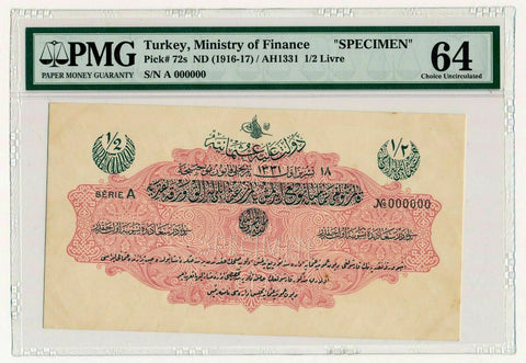Turkey Ottoman 1/2 Livre 1331 ( 1916-17) P. 72 /72s SPECIMEN PMG 64 Choice UNC