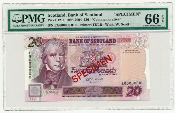 Bank of Scotland 2004 20 Pounds Note SPECIMEN P. 121s PMG 66 GEM UNC EPQ RARE