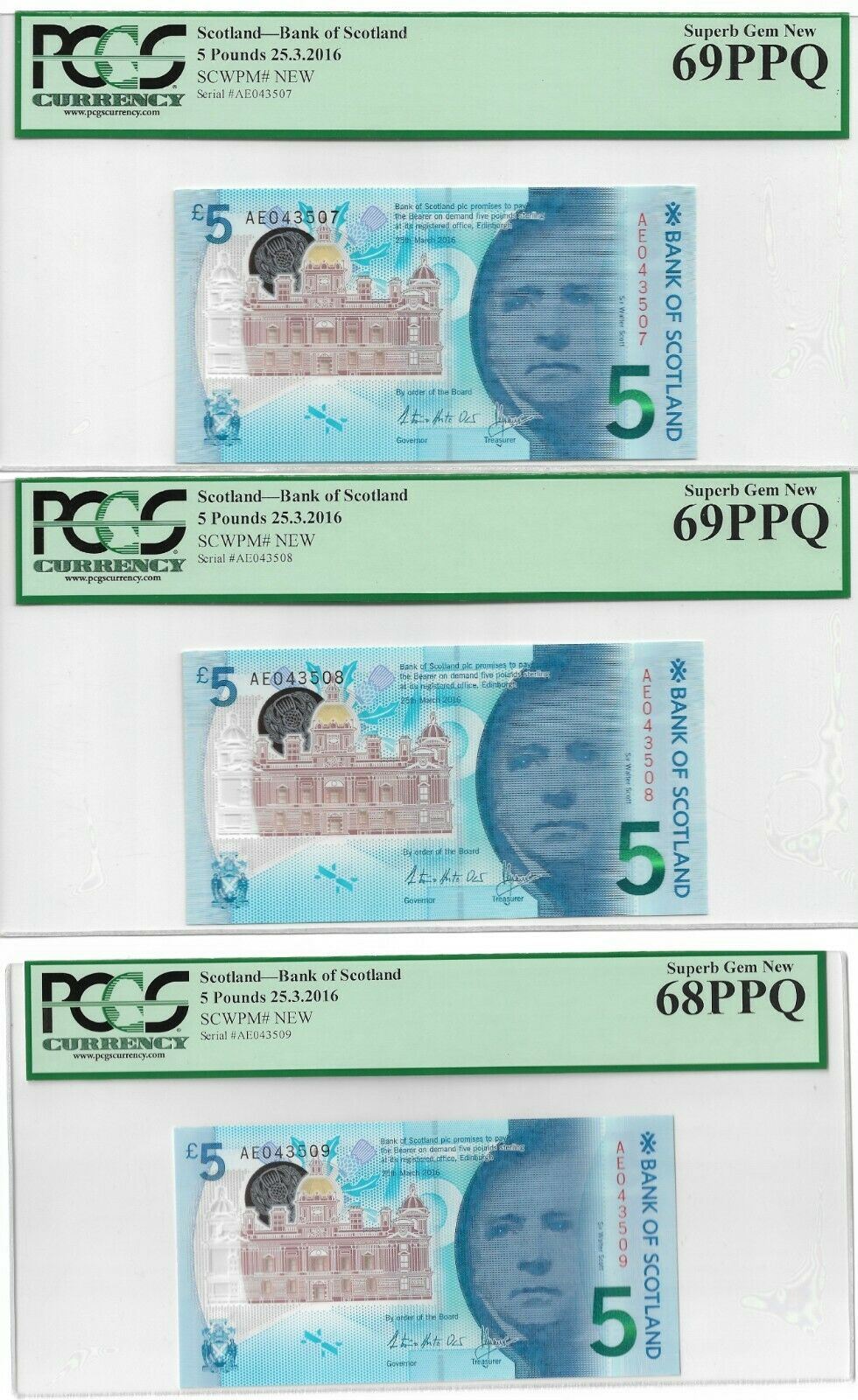 Bank of Scotland 2016 5 Pound consecutive trio P130 PCGS 69PPQ-68PPQ #1436