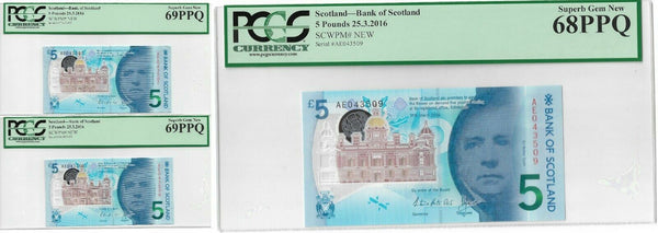 Bank of Scotland 2016 5 Pound consecutive trio P130 PCGS 69PPQ-68PPQ #1436