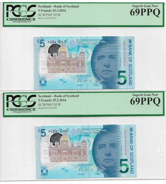 Bank of Scotland 2016 5 Pound consecutive trio P130 PCGS 69PPQ-68PPQ #1436